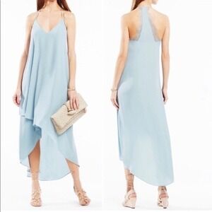 BCBGMaxazria Cressida Asymmetrical Hi-Low Lace Racerback Dress in Blue Frost XXS